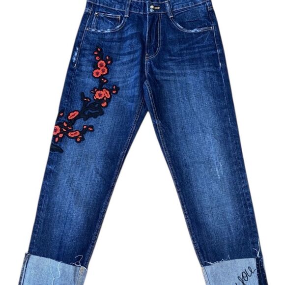 Zara Trafaluc | You Like My Shoes Cigarette Cuff Dark Jeans Embroidered Floral 2 - Picture 2 of 6
